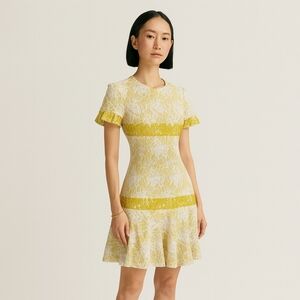 Maryling Luxury Designer Lace Overlay  Midi Dress Ruffle Hem/Sleeves XS/S